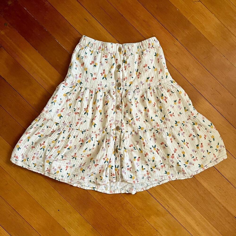 High Waisted Cottage Core Cream & Floral Print Tiered Button Skirt, Size 0